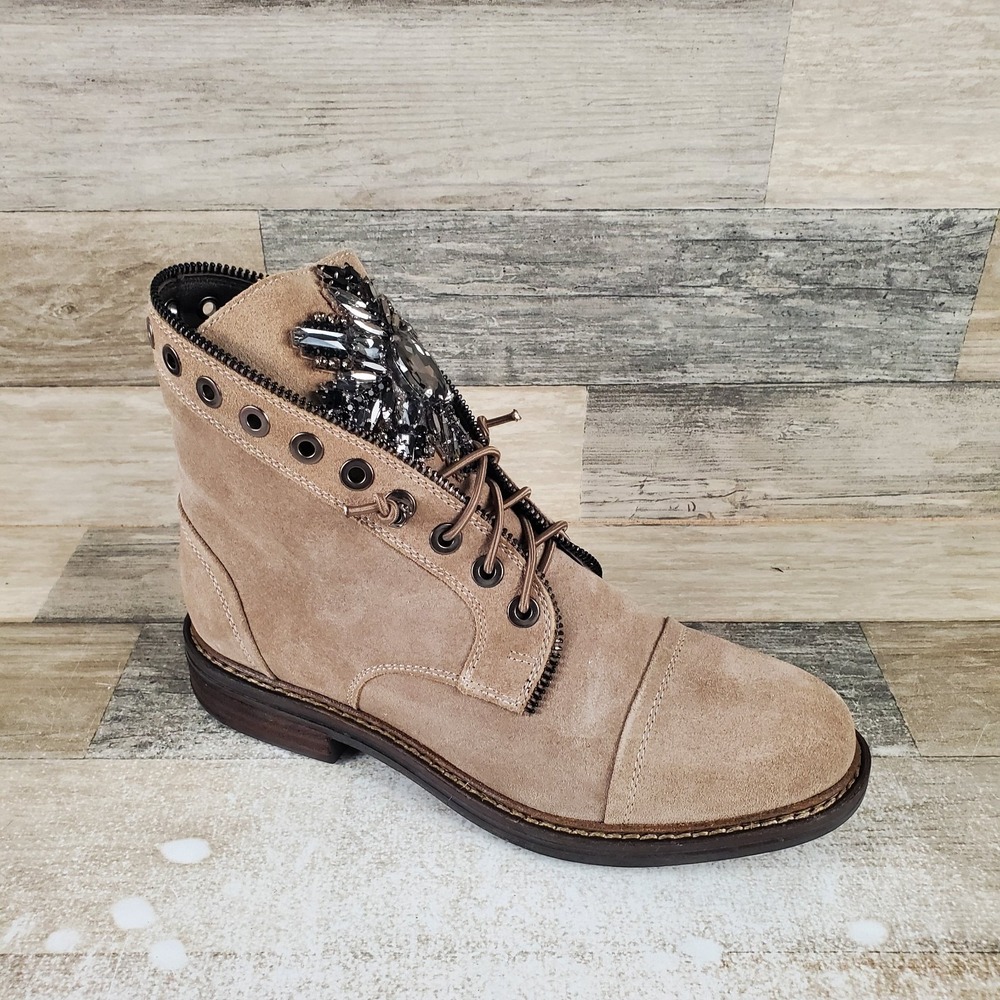 Vince Camuto Suede Ankle Booties in Taupe with Black Accent